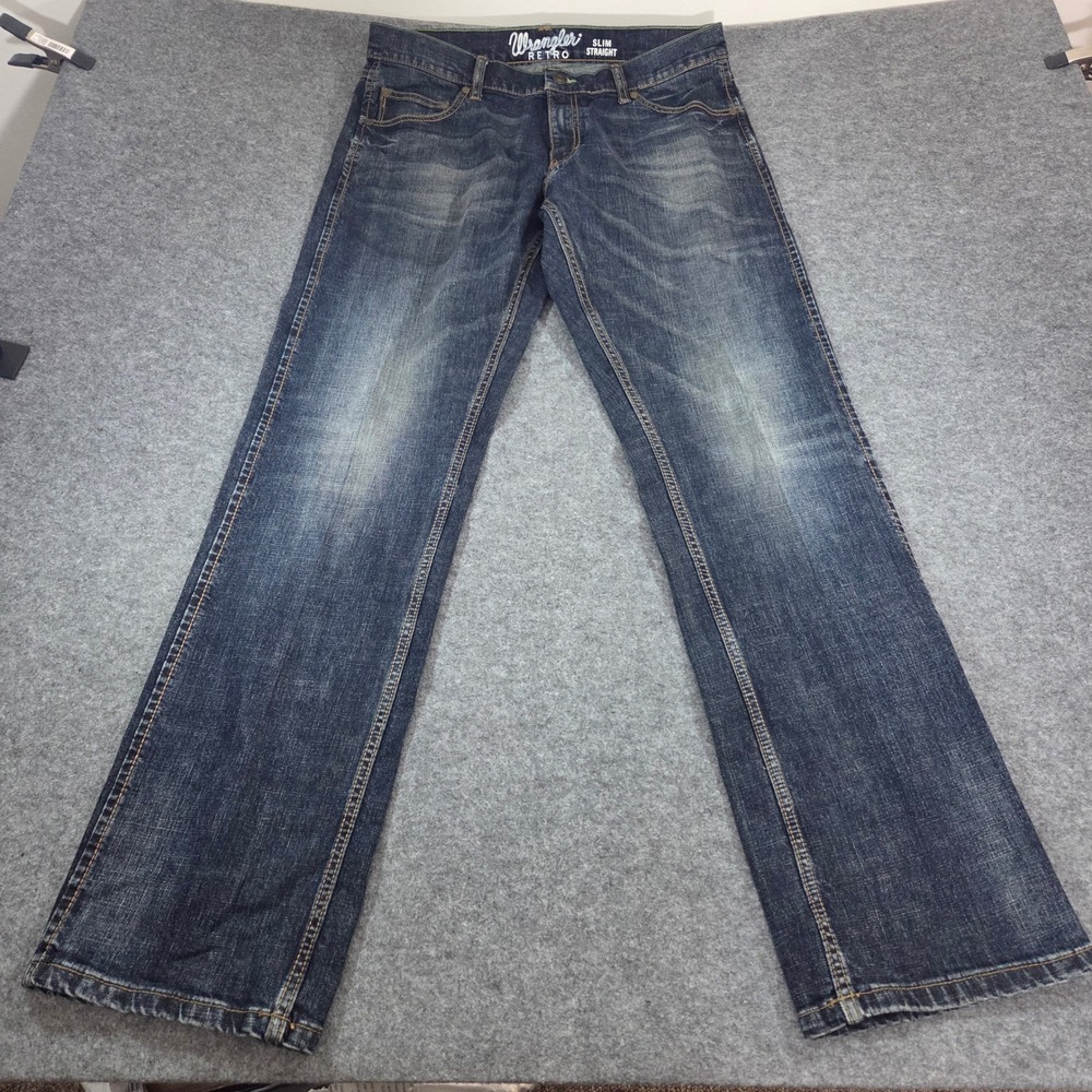 Wrangler Retro Slim Straight Jeans Mens 33x34 Blue WLT88BZ Stretch Denim - Picture 3 of 10